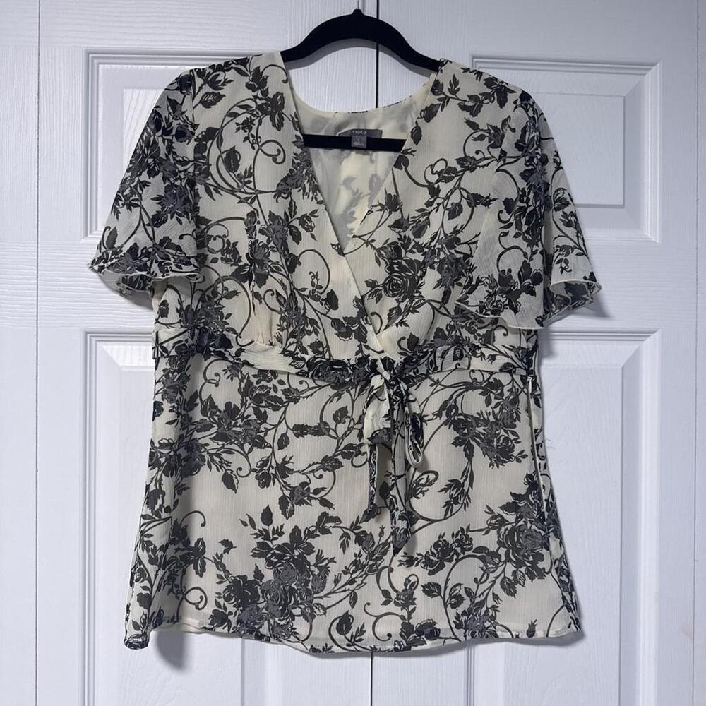 Apt. 9 Women's Black Floral Print Blouse with Tie Front Detail, Size L